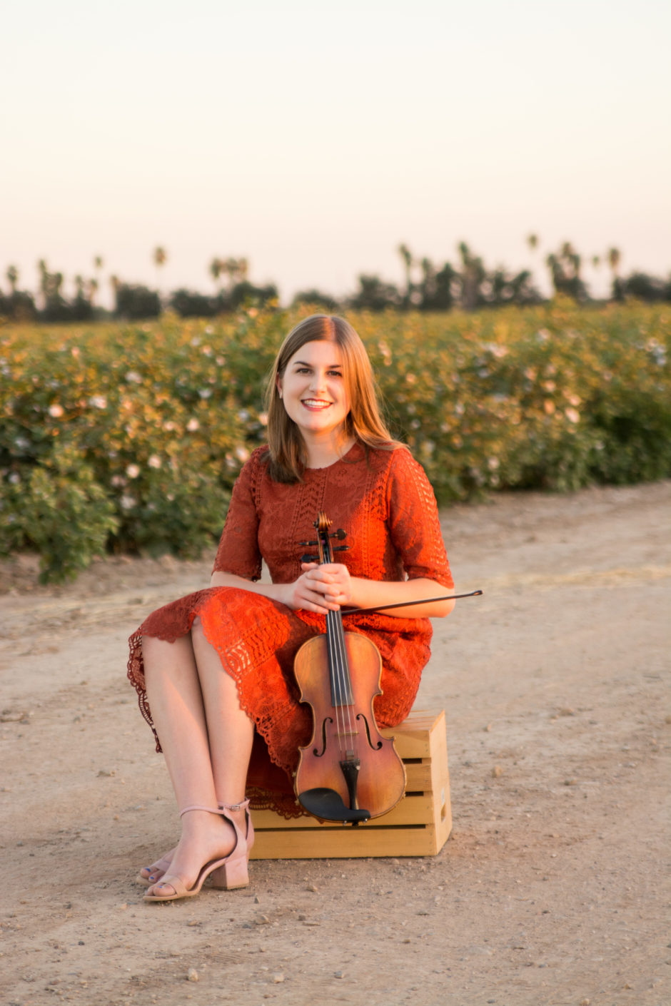 High school senior girl photographed with violin in cotton field in Arizona by Melissa Maxwell of Jubilee Family Photography in Gilbert, AZ.